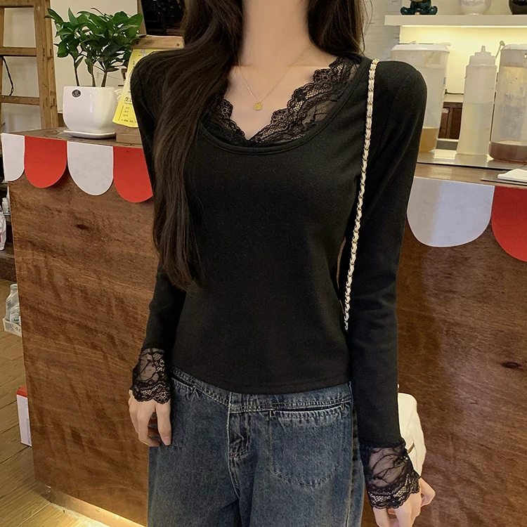 2026 Herbst Winter Damen T-Shirt Spitze Schlankes Basis-T-Shirt Elegantes Vielseitiges Strick-Layering-Oberteil mit Langen Ärmeln für Damen Neu eingetroffenes T-Shirt – Detail 11
