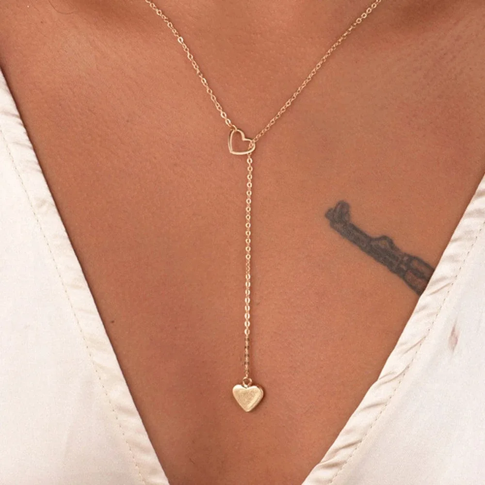 1Pcs Hot Selling Heart-Shaped Double Ring Necklace Women's Ins Collarbone Chain Harajuku Style Niche Design Dress Accessories