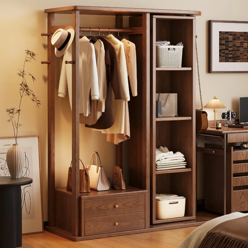Solid wood rotating mirror coat rack, bedroom home floor-to-ceiling full-length mirror hanger, combined integrated storage