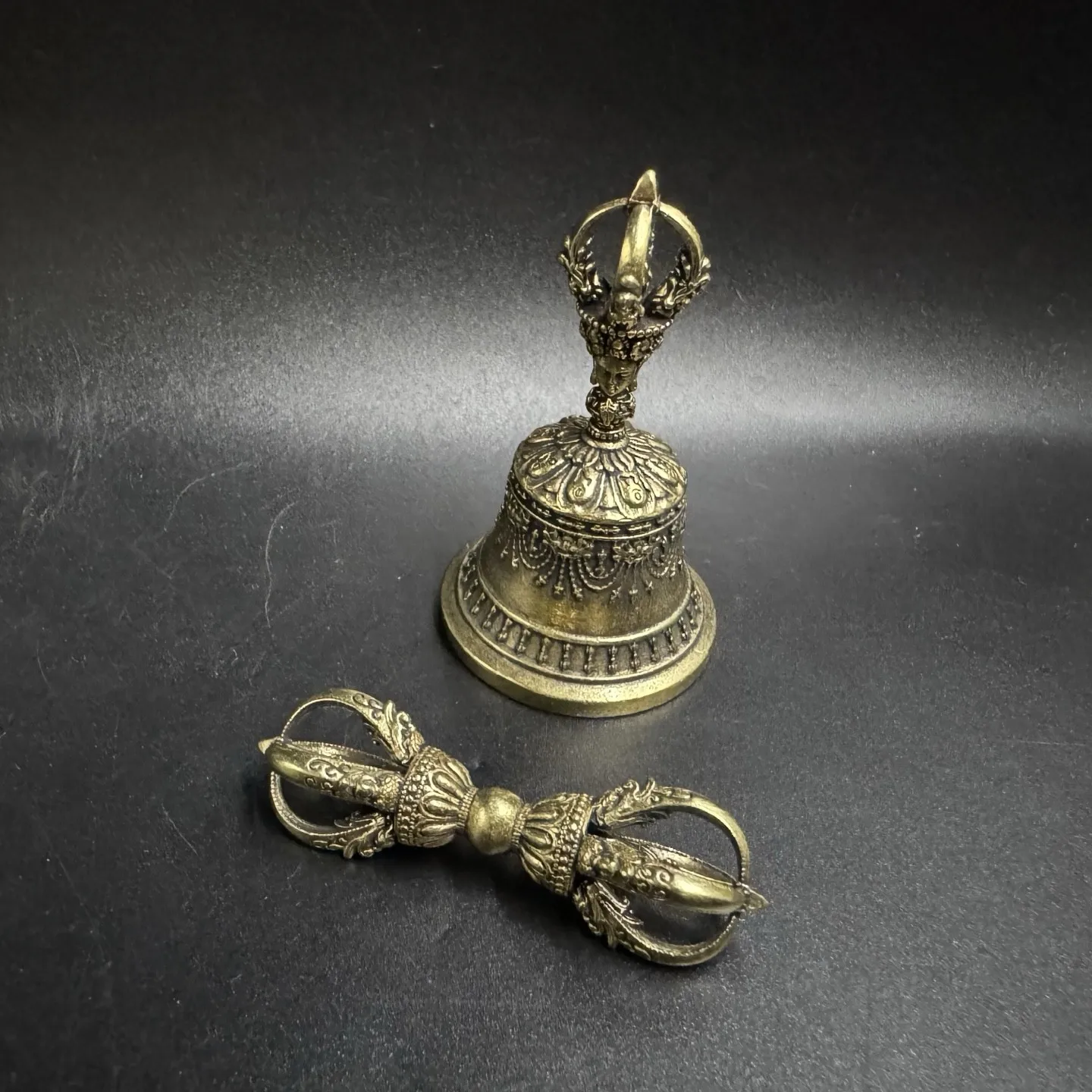 Tibetan Five-Spoked Vajra Bell&Dorje Set Antique Finish Ritual Items Mini Size