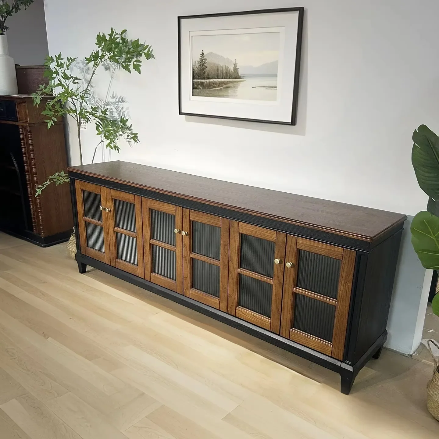 Solid wood TV cabinet, living room storage cabinet, locker integrated color matching ash wood bookcase