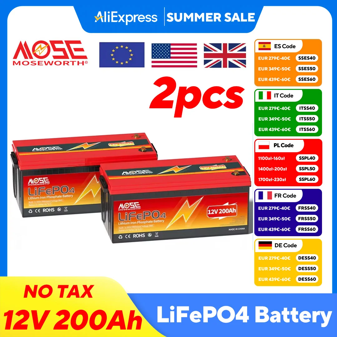 

2pcs 12V 200Ah LiFePO4 Battery Pack Lithium Iron Phosphate Batteries Built-in 200A BMS for Solar Storage Boat RV Golf Cart
