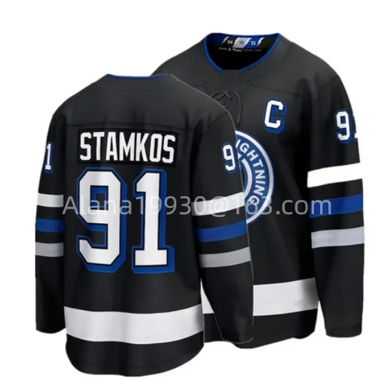 

Men's Tampa Bay #91 Steven Stamkos #86 Nikita Kucherov #88 Andrei Vasilevskiy #21 Brayden Point Black Alternate Jersey