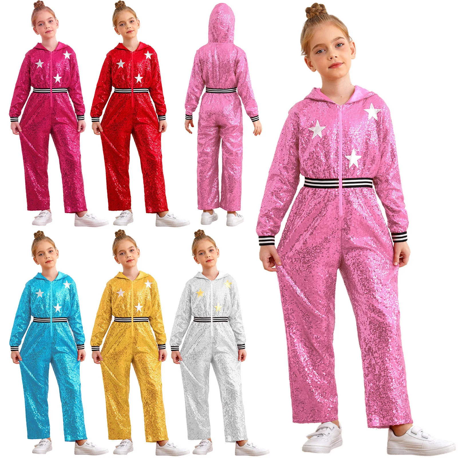 Baju dansa anak perempuan, Jumpsuit gadis Hip Hop tari Jazz 90s tema pesta kostum lengan panjang bintang logam payet bertudung pakaian tari Jalan