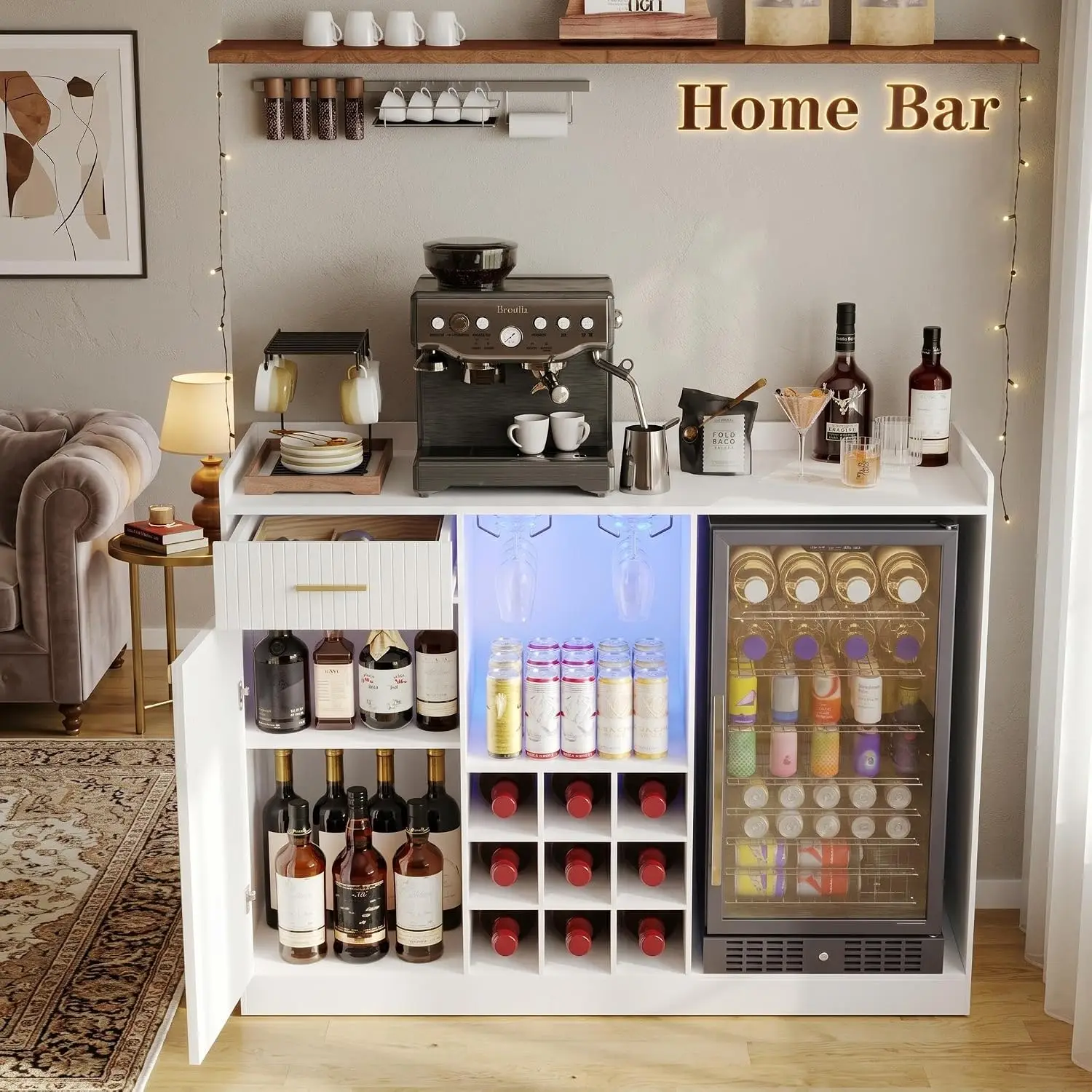 Coffee Bar Cabinet with Fridge Space, Fluted Wine Cabinet with Glass Holder | White, Power Outlet, LED Light,, Customized