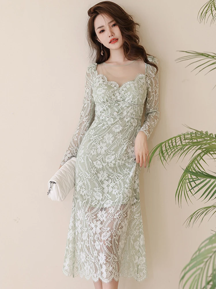 Spring Sweet Sexy Maxi Dresses for Women Elegant Sheer Lace Hook Flower Hollow Perspective Mesh Robe Party Holiday Vestido Mujer