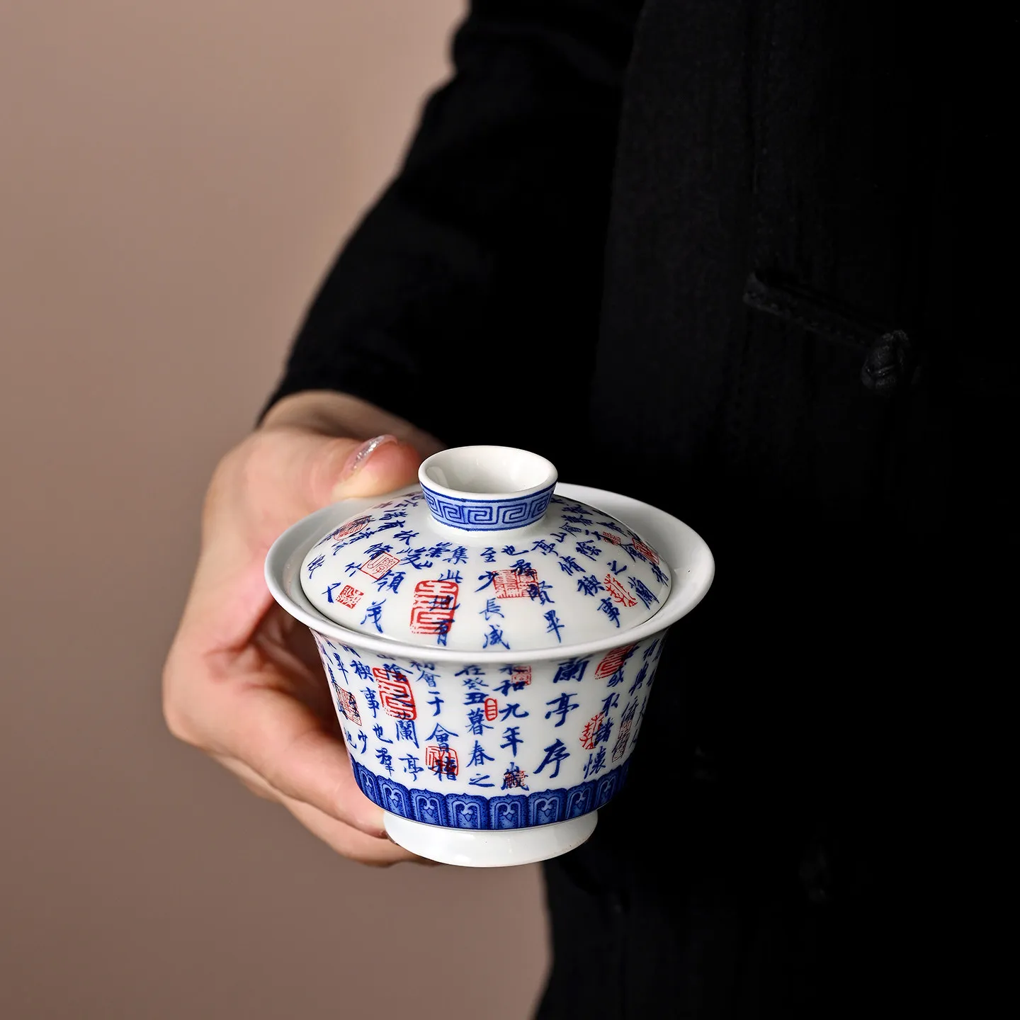 Blue and White Orchid Pavilion Sequence Horseshoe Two Tureen Not Hot Tea Brewing Bowl Household Ceramic Cup Small Size