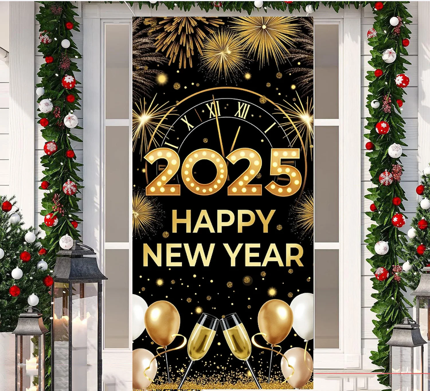 

Black Gold New Year Backdrop Vertical 2025 Happy New Year Christmas Party Background Decoration Door Gift New Year Party Supplie