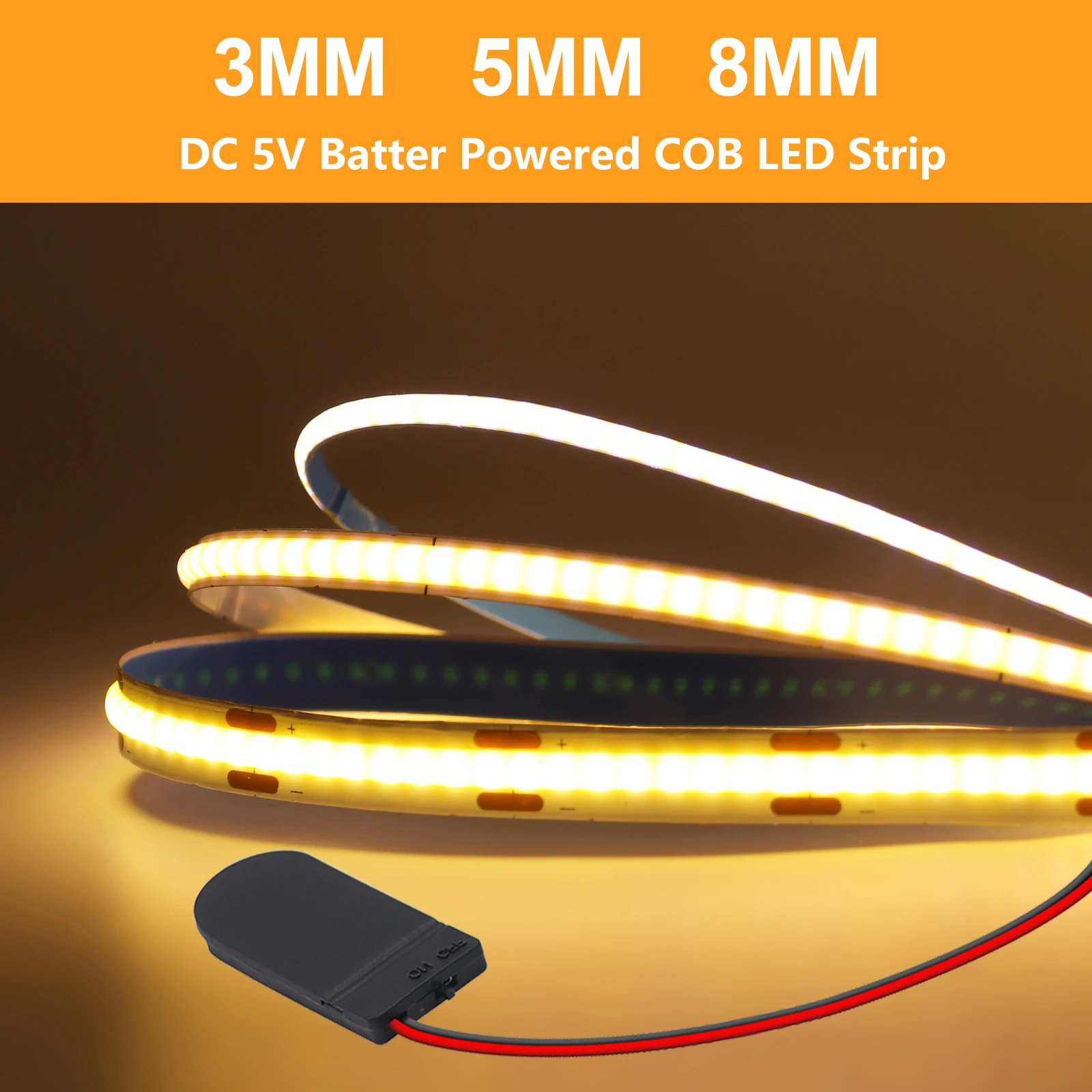3MM 5MM 8MM Battery Operated COB LED Strip 5V 320LEDs/m High Density Adhesive Tape Red Blue Green Pink Yellow White LED Light
