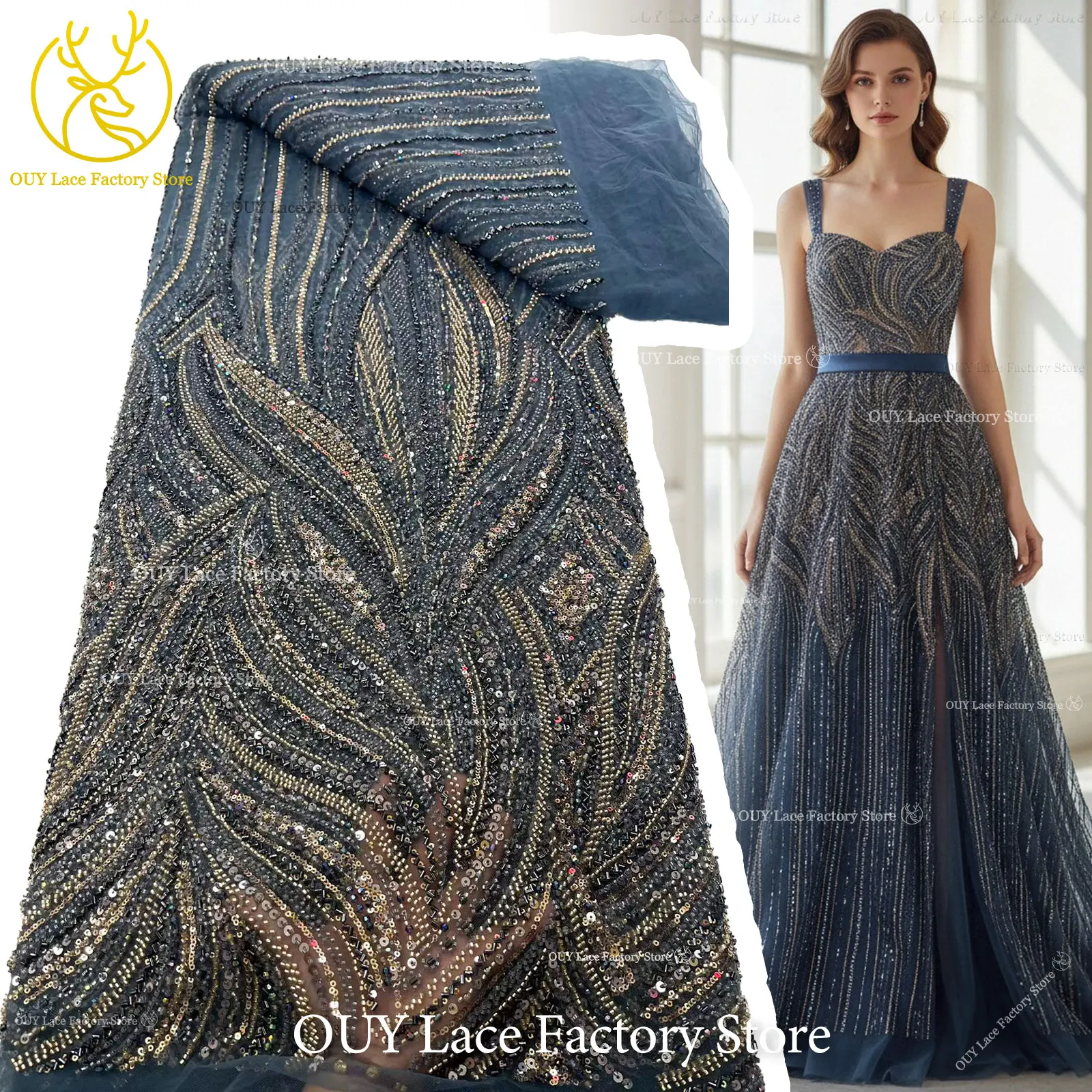

5 Yards African Beaded Lace Fabric 2026 High Quality French Sequins Mesh Tulle Lace Fabric For Nigerian Style Bridal Wedding
