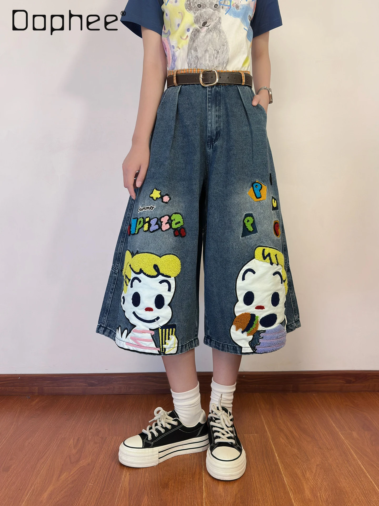 

Summer American Towel Sticker Embroidered Cartoon Jeans Women's New Loose Street Cropped Pants Baggy Jeans Women