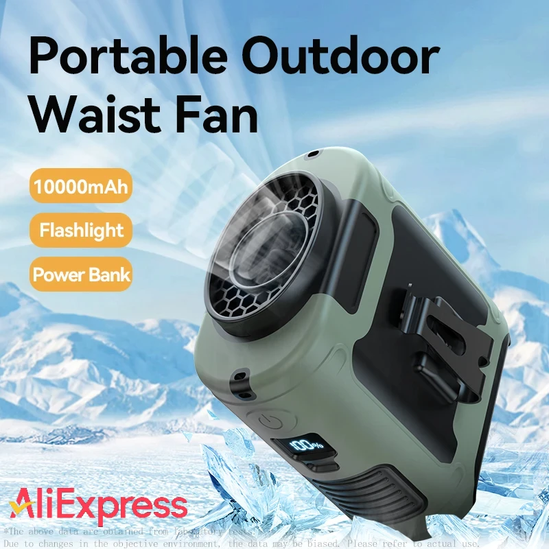 

Outdoor 10000 mAh Portable Waist Fan Hanging Neck Fan Strong Wind Power Bank LED Lighting for Courier outdoor Working Sports