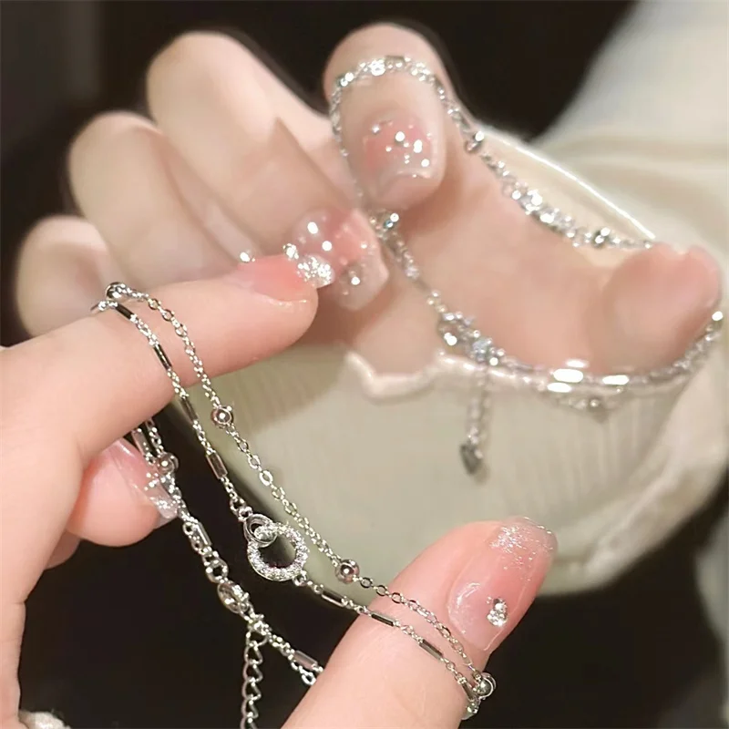 Korean Delicate Silver Color Geometric Bracelet For Women Girl  Double Layer Bow Star Moon Adjustable Chain Bangle Party Jewelry