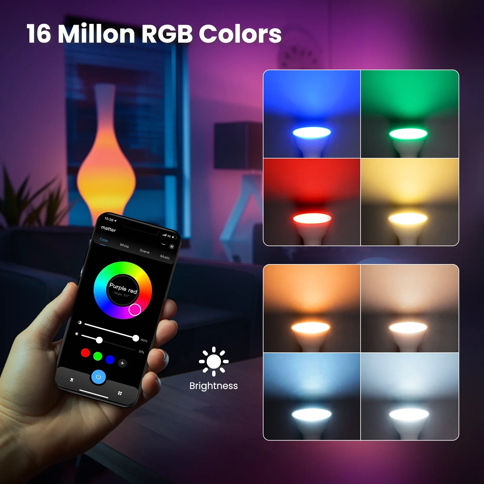 Imagem -03 - Moes Tuya Matter Wifi Gu10 Lâmpada Inteligente Regulável Luz Led 16 Milhões de Cores Rgb c Mais w Lâmpada de Vela Controle de Voz Alexa Google Home