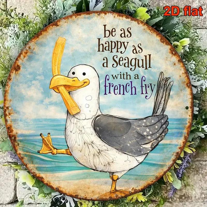 2D Flat, 1pc 8X8In/20X20Cm 2D Flat Round Aluminum Sign, Vintage Decorative Plaque Featuring a Seagull with French Fries, 