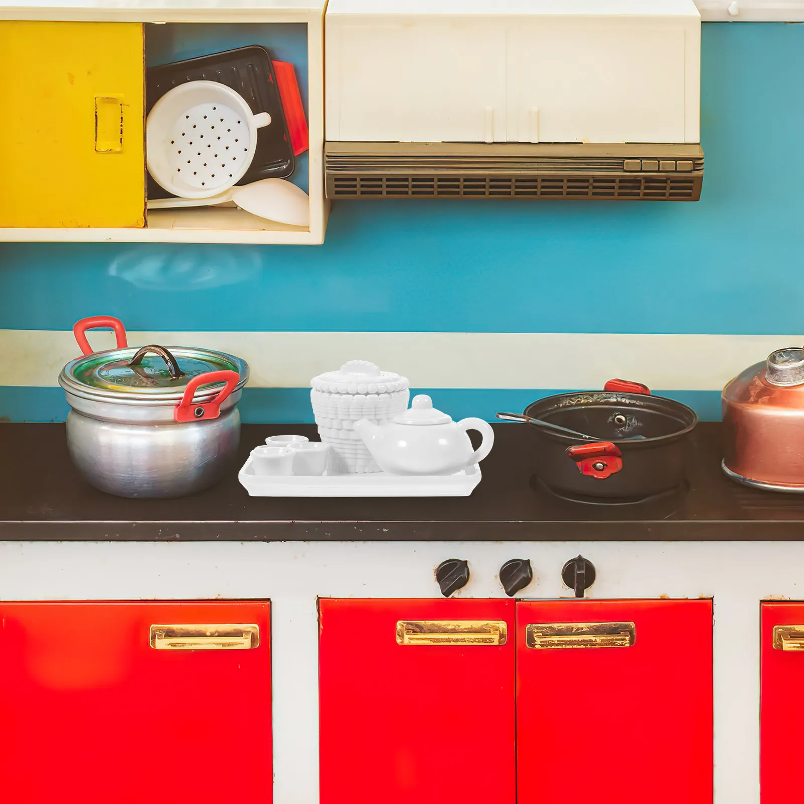 

3 Sets Miniature Tea Set Plastic Dollhouse Accessories Realistic Tea Tray Cup Teapot Pretend Play Kitchen Decor