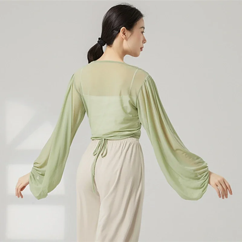 Top da donna per danza classica, manica a lanterna, cravatta in vita, camicia con scollo a V, camicetta in rete, yoga, trasparente, top da allenamento per danza popolare cinese