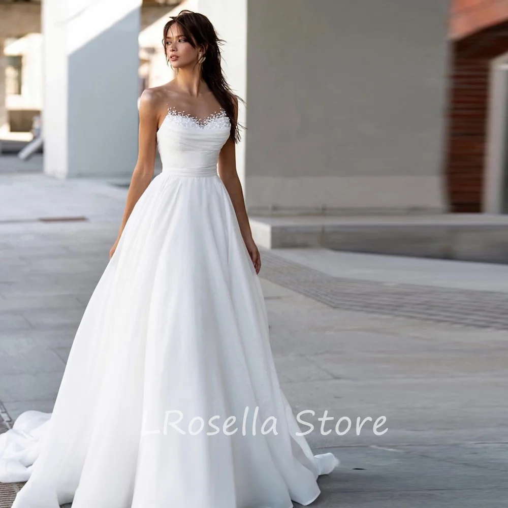 LRosella Wedding Dress Beads Sweetheart Neckline Ruched A-Line Tulle Elegant Exquisite style Luxury  فساتي2024 with Sweep Train