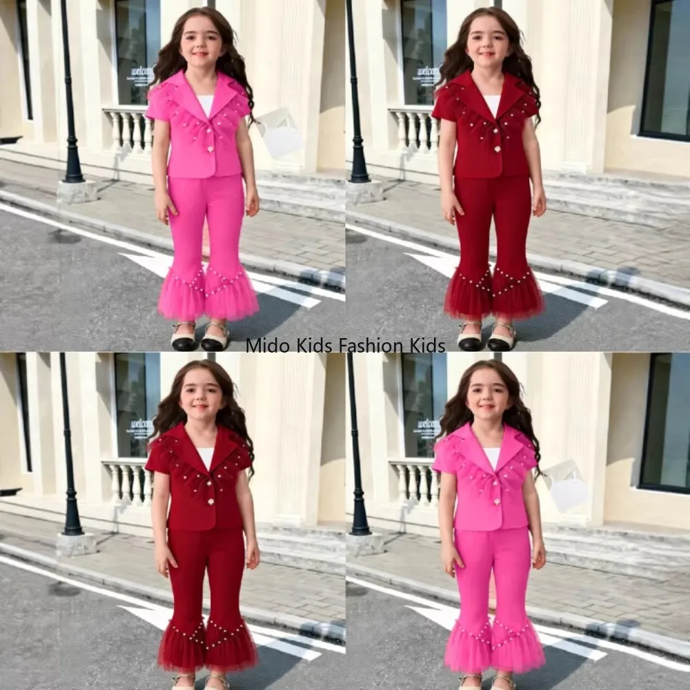 2026 Girls Solid Suit Set Short Sleeve Beaded Jacket High Waist Tulle Bell Bottom Pants 2-8Y
