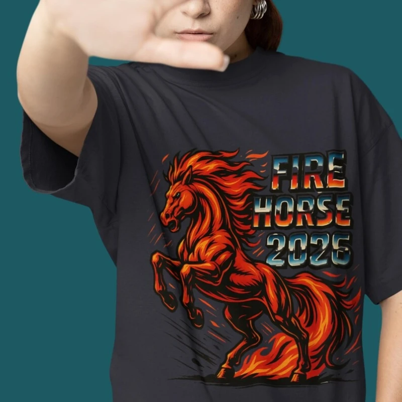 Horsew Christmas for Racing Fans Fire Horse 2026 for Chinese Zodiac Lovers Oversized Tee Mens Retro Muscle Commuter Short-sleev