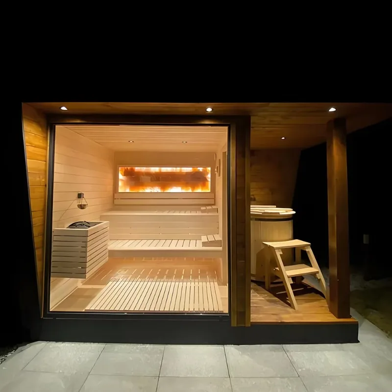 Customized Modern Wet Dry Steam Sauna Room with Cold Plunge Tub Integrated Pine Spruce Hemlock Red Cedar Solid Wood