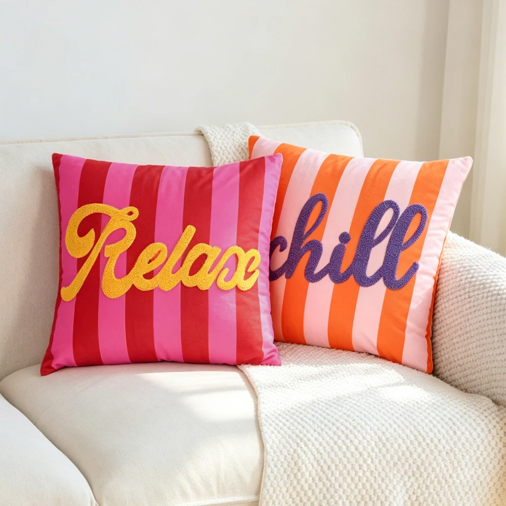 BUYNOW Velvet Striped Printed Cushion Summer Style Embroidered Letter Pillowcase For Living Room Bedroom Decor Pillow Cover