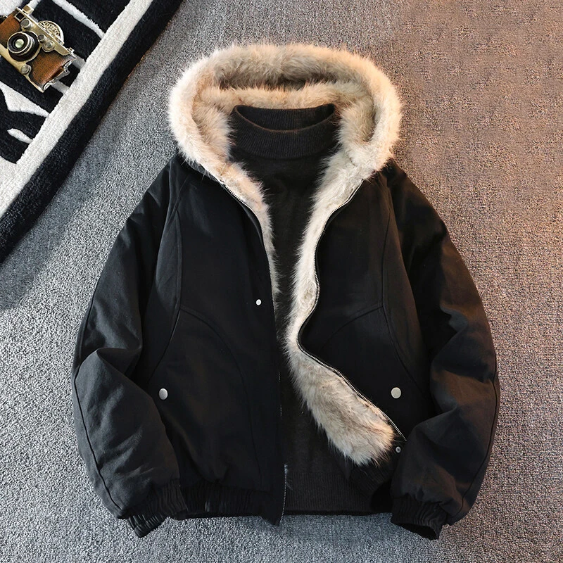 

Casual Men's Fur Collar Hooded Cotton-Paaded Jackets Winter Outdoor Windproof Thick Coats Streetwear Solid Color Warm Top Parkas