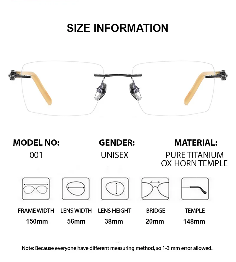 

KIZN 150 mm Rimless Glasses Pure Titanium OX Horn Tips Men High End Frameless Gold Optical Eyeglasses for Gentlemen Prescription