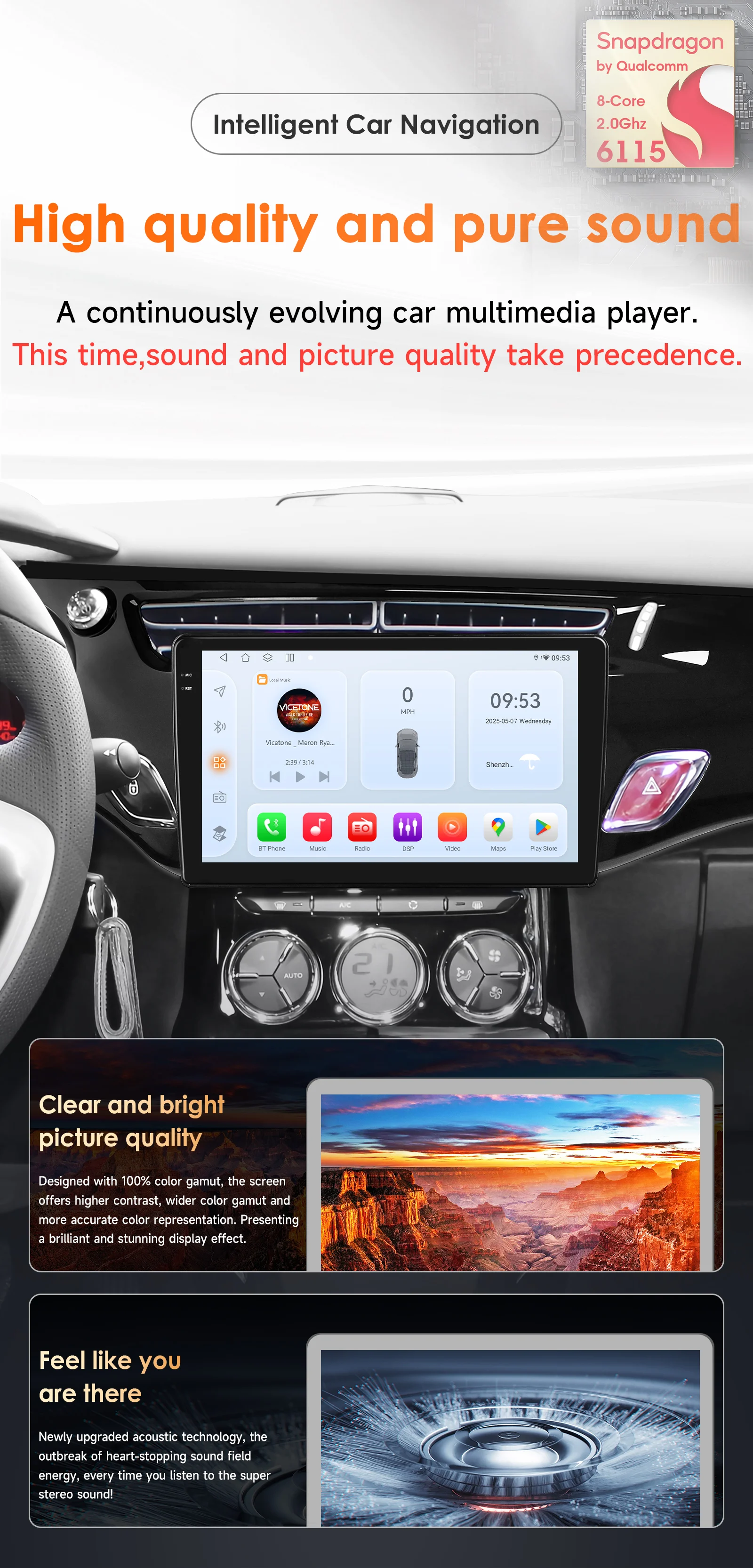 9'' 6115 Intelligent Screen Android 14 Car Radio Multimedia Video Player for Citroen C3 DS3 2010-2016 GPS Carplay Auto 4G RDS