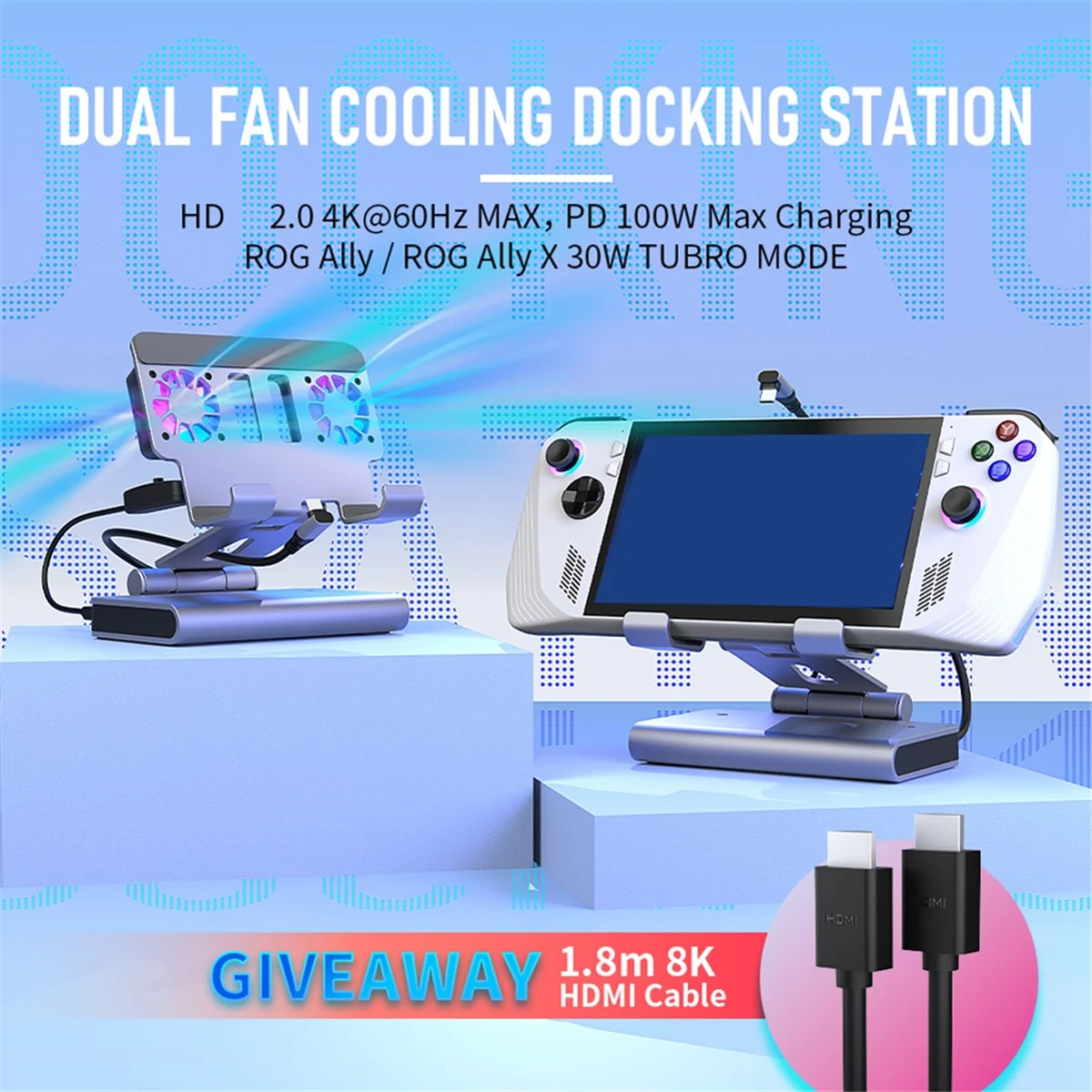 

A43M 6 in 1 RGB Dual Fans Docking Station for ROG ALLY SteamDeck Game Console Dock Adjustable Height Dock Bracket