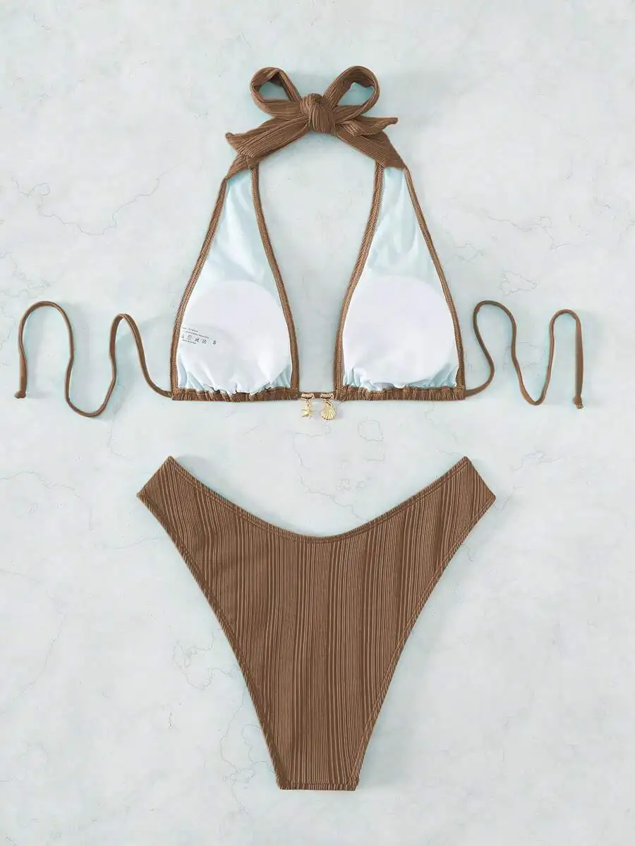 

Brown Pleated Halter Tie-Top Bikini With Shell Charms And High-Cut Bottom For Summer Beach Getaway