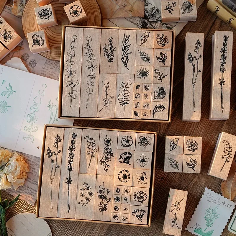 30pcs/set Natural Plants Leaf Flower Wooden  DIY rubber stamp used for making card scrapbooks