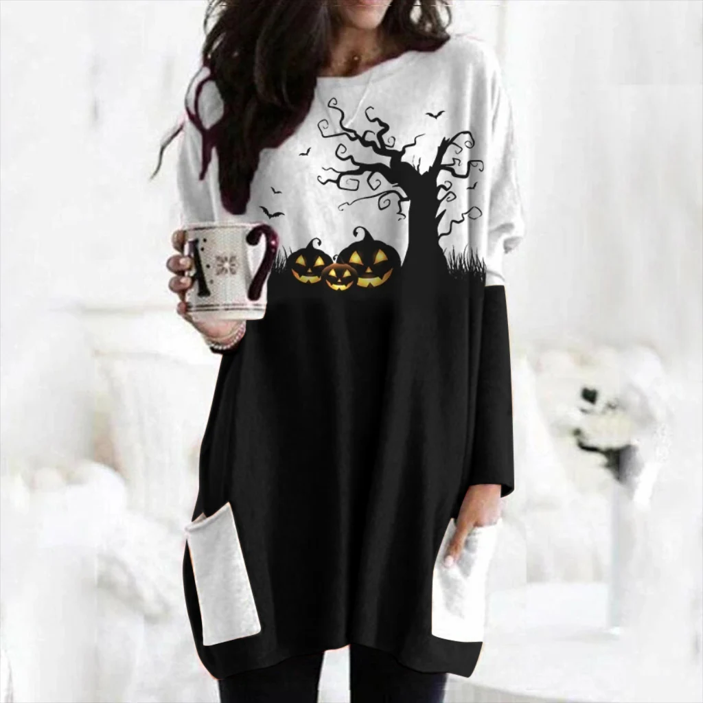 

Europe, America, autumn and winter women's new casual fashion Halloween pumpkin print stitching long sleeve dress women