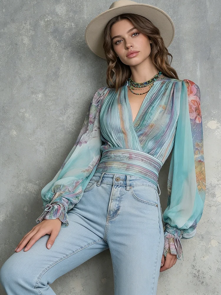 

Женская шифоновая блузка в стиле бохо с V-образным вырезом, длинными рукавами-фонариками, цветочным принтом, присборенной талией на резинке, повседневная, для выхода в свет и отпуска