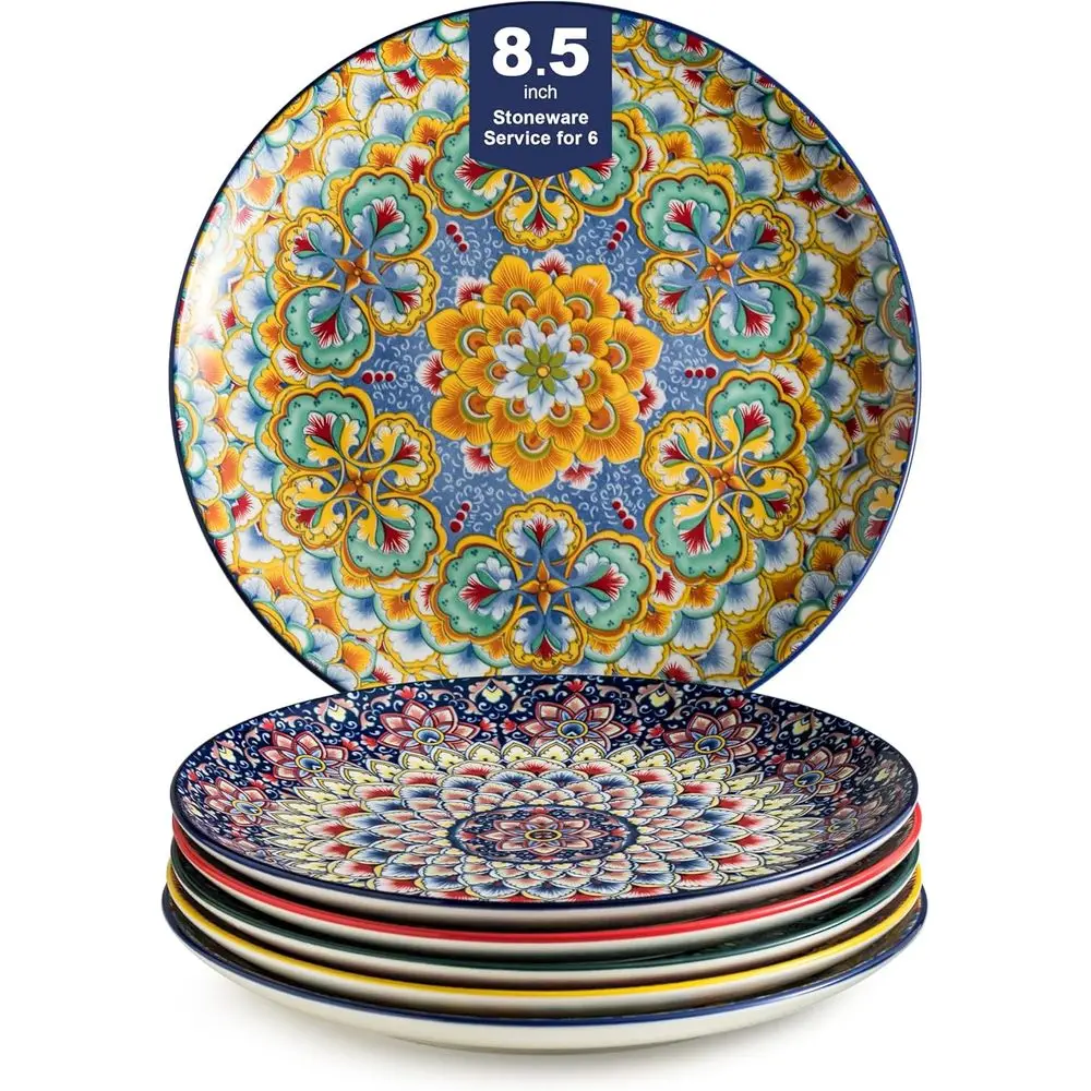 

Salad Plate Set of 6, 8.5 Inch Dinner Plates for Salad, Pasta, Dessert,Steak, Appetizers Colorful Bohemian Style Dishes for Kitc