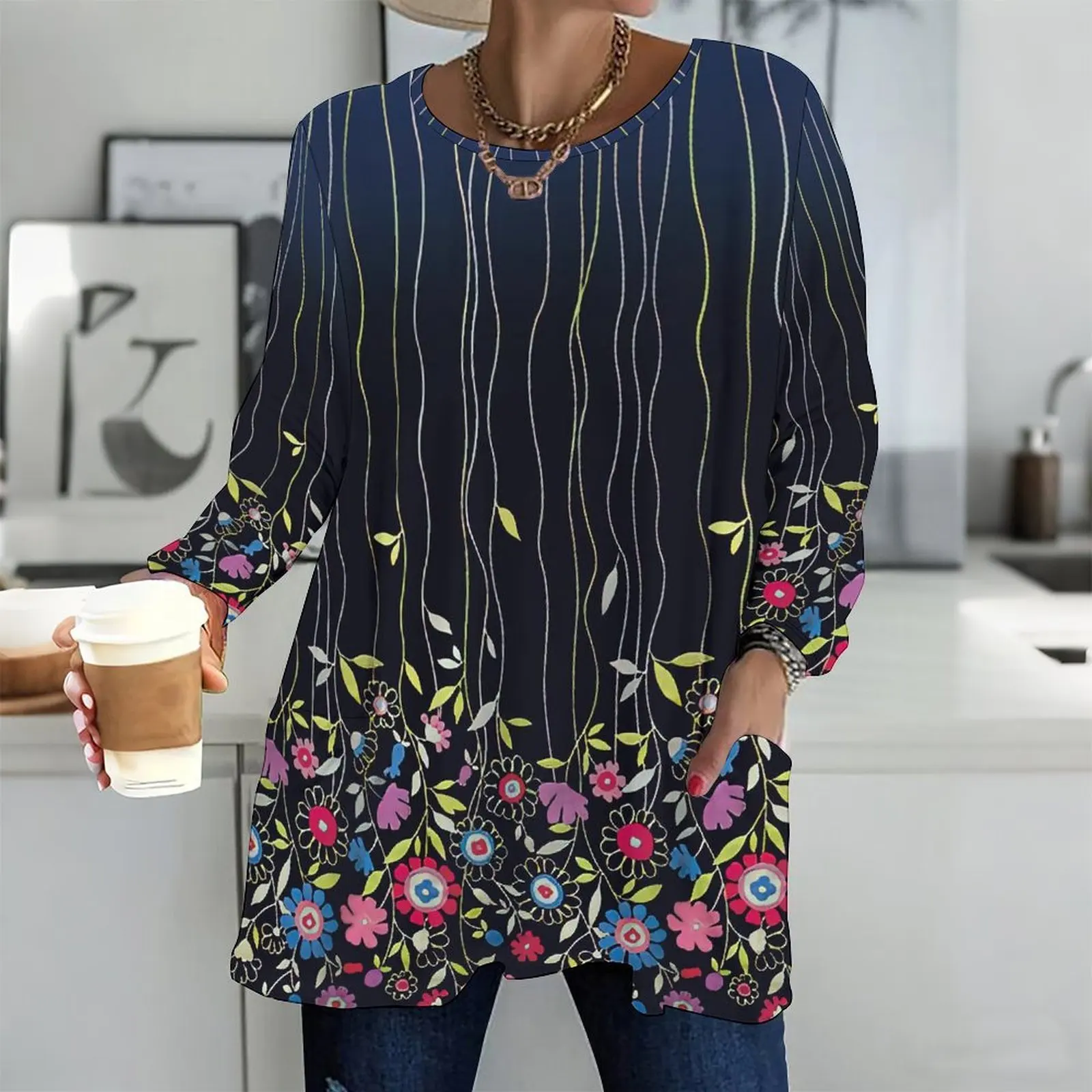 Women Printed Top Round Neck Long Sleeve Front Pockets Loose Fit Longline