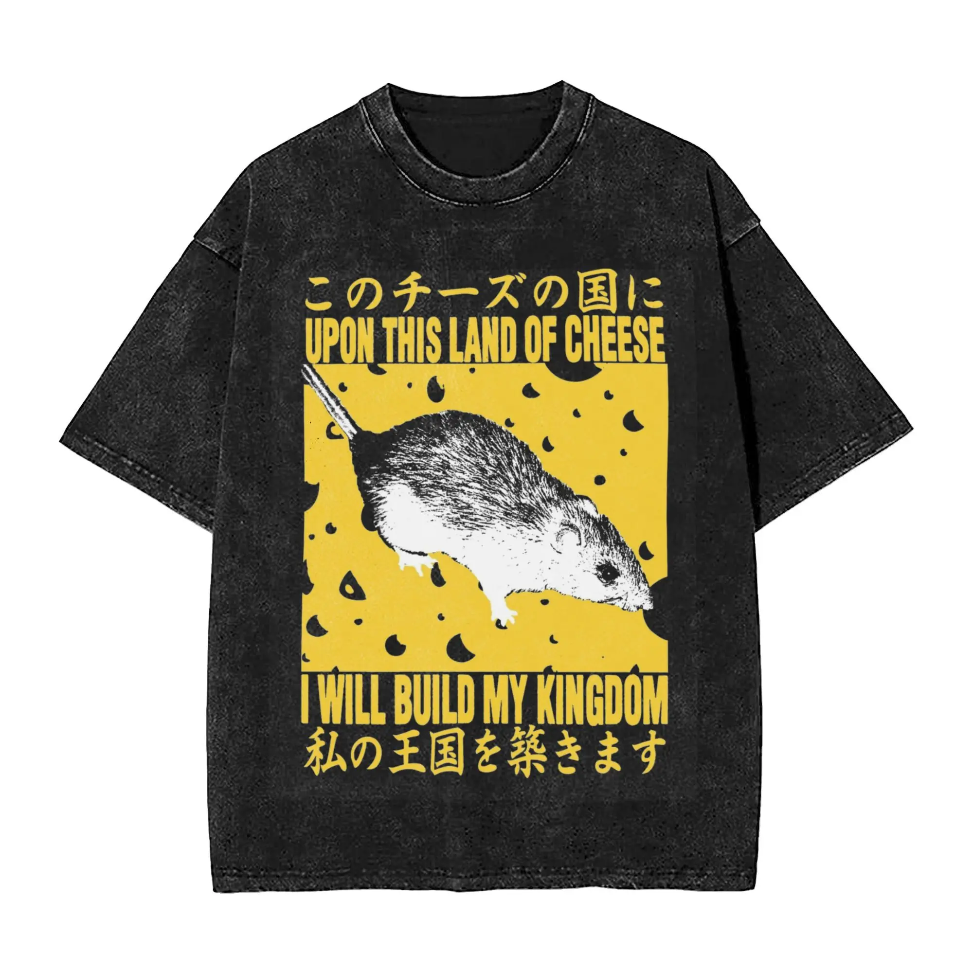 Washed T Shirt Cheese Kingdom Rat Vintage Japanese Lover Hip Hop T-Shirt Oversize Streetwear Graphic Printed Tops Tee Shirt Men