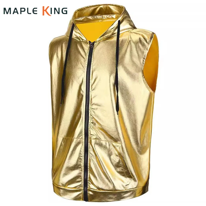 Shiny Nightclub Glossy Gold Mens Vest Hooded Sleeveless Jacket Steampunk Disco Party Dress Casual Hip Hop Vest Unisex Waistcoat