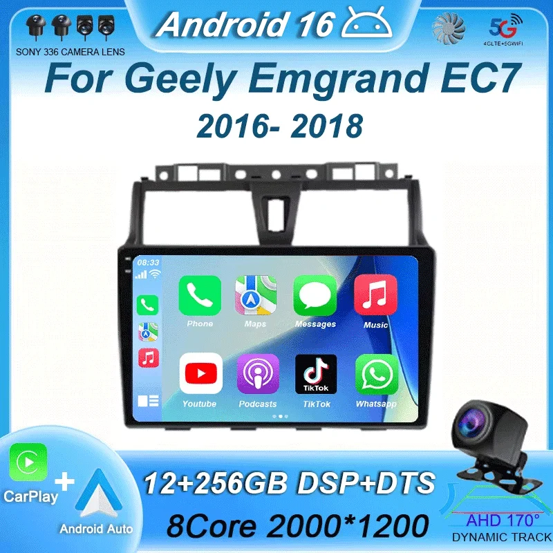 Android 16 Carplay Auto Car Radio For Geely Emgrand EC7 2016 2017 2018 Multimedia Video Player Navigation GPS Stereo DSP 2din 4G