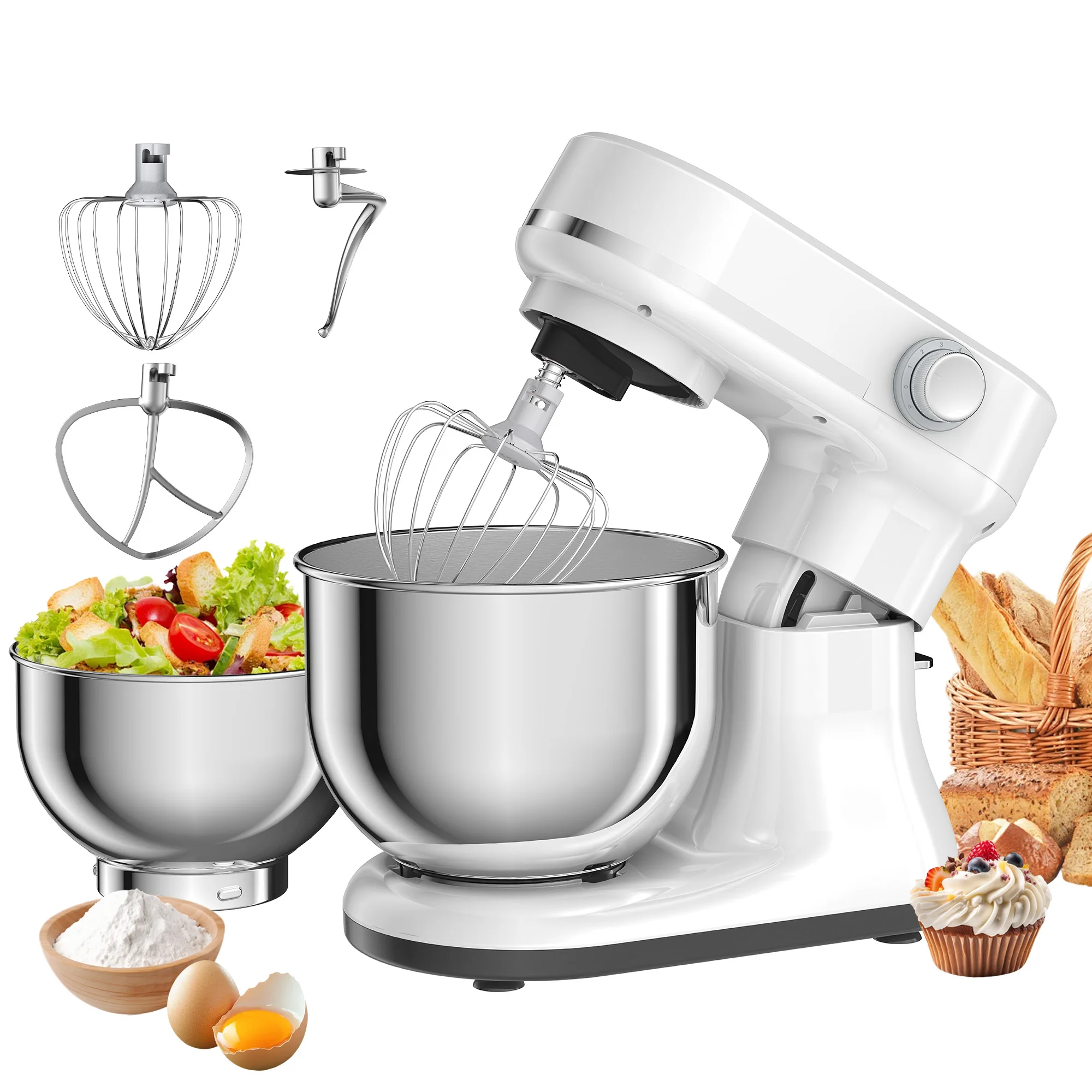 BioloMix Double Bowl Electric Food Mixer 5.5L/4L 8 Speeds Stand Mixer for Daily Use with Egg Whisk Dough Hook Flat Beater