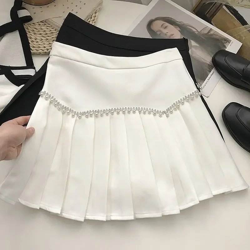 Black White Pleated High Waisted Diamond Skirts for Women New Korean Short Skirt Faldas Mujer Sweet Jupe Femme