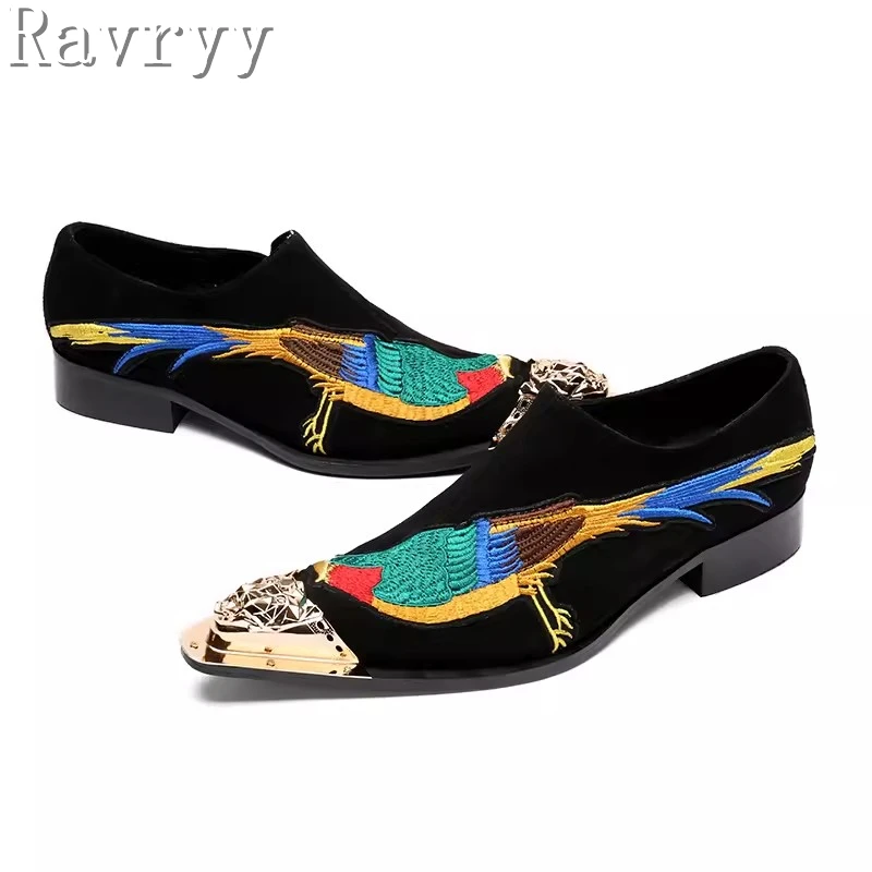 Brand Design Embroider Birds Suede Leather Shoes Men Slip On Soft Loafers Formal Wedding and Party Dress Shoes