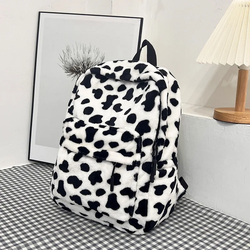 Plush Leopard Backpack Teenagers School Bag Large Capacity Fashion Students Bookbag Stylish Shoulder Backpack TravelOutdoor 2025