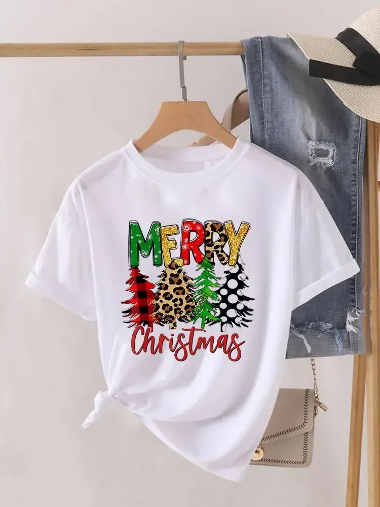 Christmas Clothing Lady New Year Short Sleeve Print Fashion Tree Lovely Letter Trend Women Shirt Tee Top Clothes Graphic T-shirt