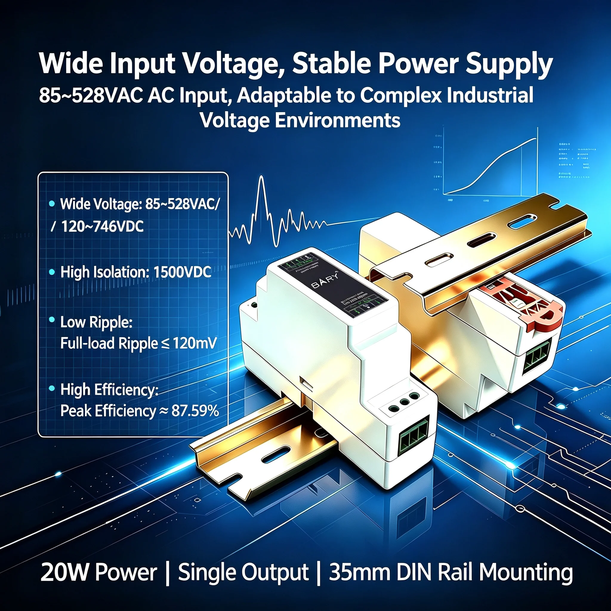 BARY DIN Rail AC-DC Switching Power Supply 20W 85~528VAC Wide Input 5V 12V 24V Output Industrial Power Module Overload & Short C