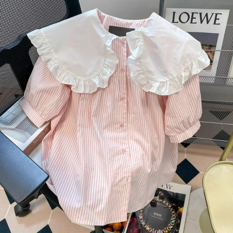 

Pink Sweet Ruffle Peter Pan Collar Lolita Blouse Women Kawaii Cute Preppy Style Short Sleeve Stripe Shirt Harajuku Y2k Loose Top