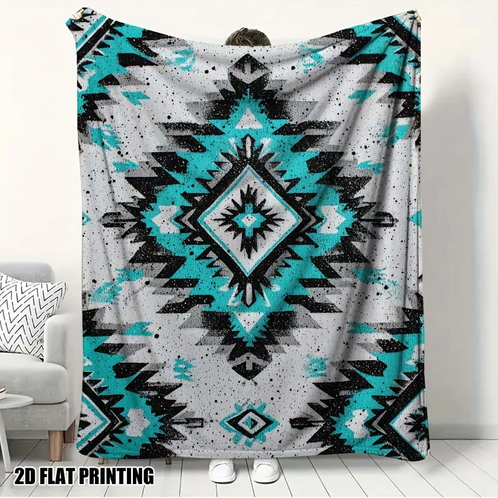 1pc  Turquoise Aztec Print Fleece Blanket, Southwestern Boho Throw Blanket for Home Couch Bedroom Decor