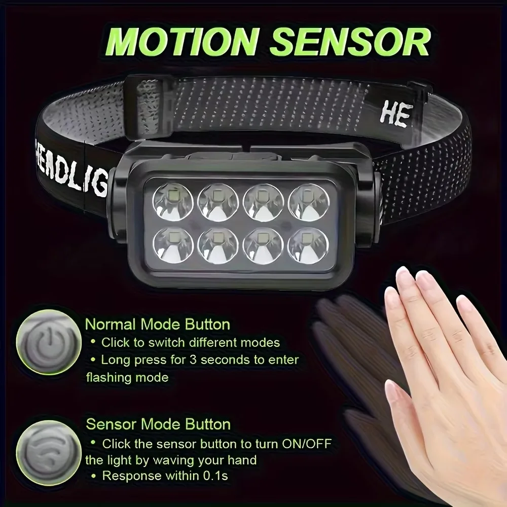 Headlamp 8 LED Induction Type-C Rechargeable 5 Modes 18650 Battery Ultra Bright Headlight for Camping Hiking Fishing Outdoor