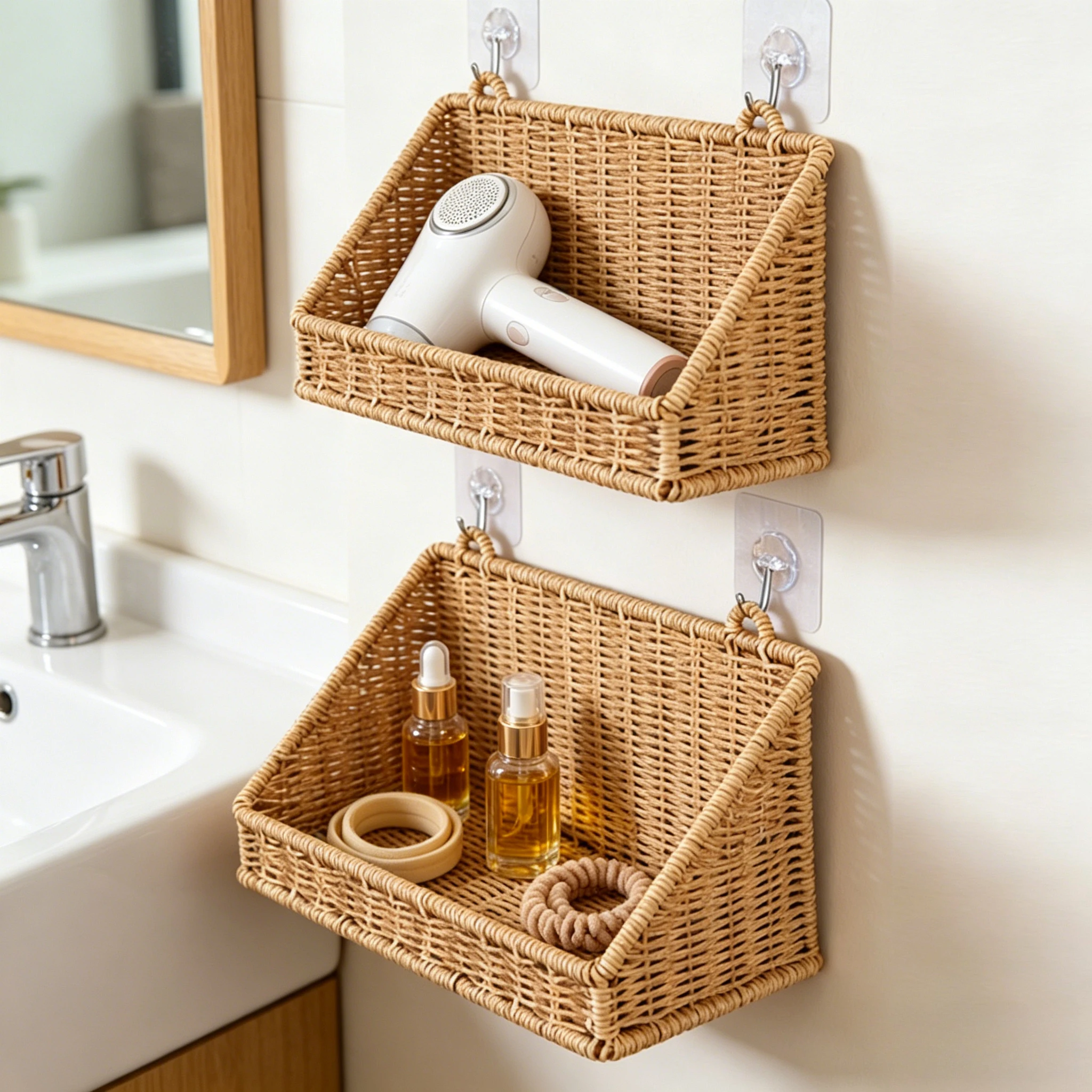 Woven Imitation Rattan Wall Mounted Storage Basket Slanted Shelf Organizer for Kitchen Living Room Bathroom Bedroom Balcony view 3
