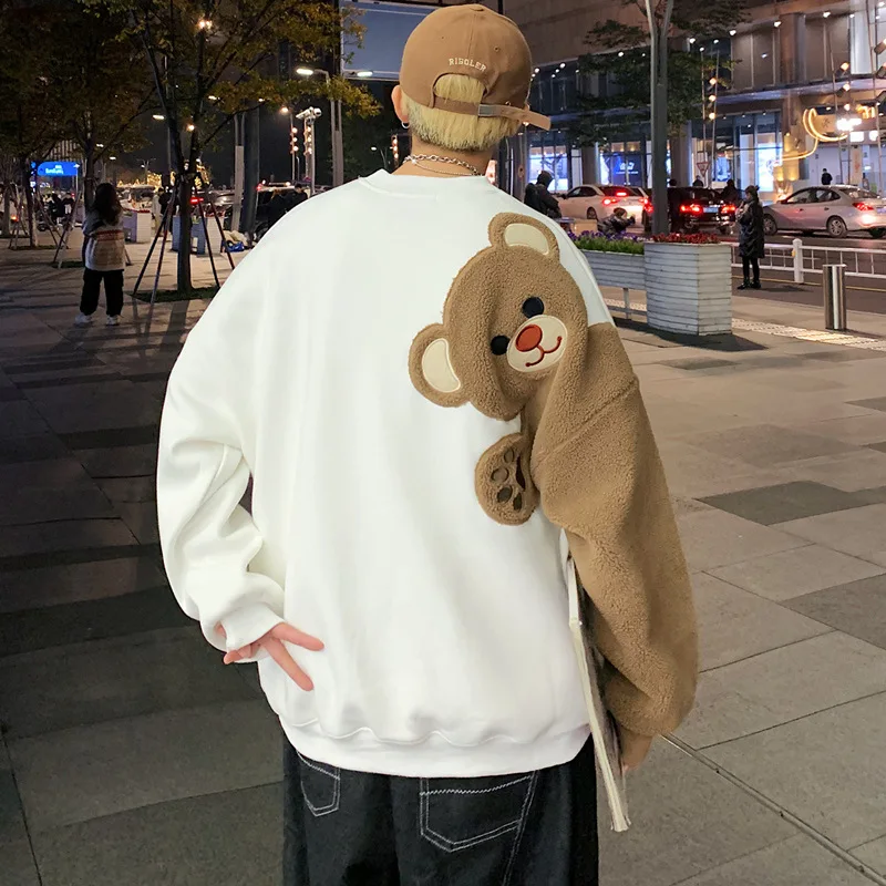 

Mens White Cartoon Bear Patchwork Couple Oversized Sweatshirts Y2K Warm Casual Winter Tops Men Women Loose Sweatshirt Techwear